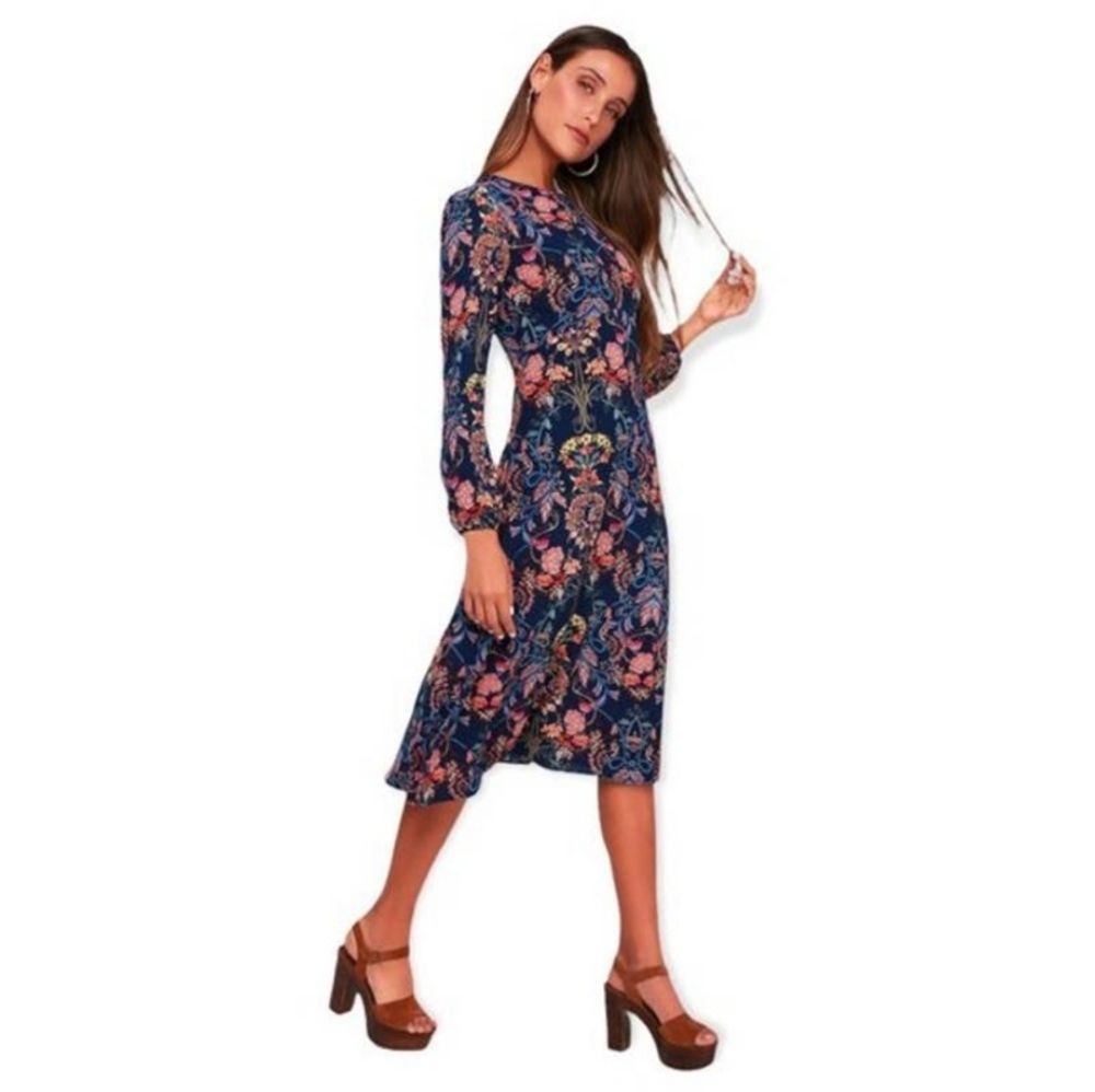 I. Madeline for Lulu’s Garden Splendor Navy Floral Print Midi Dress